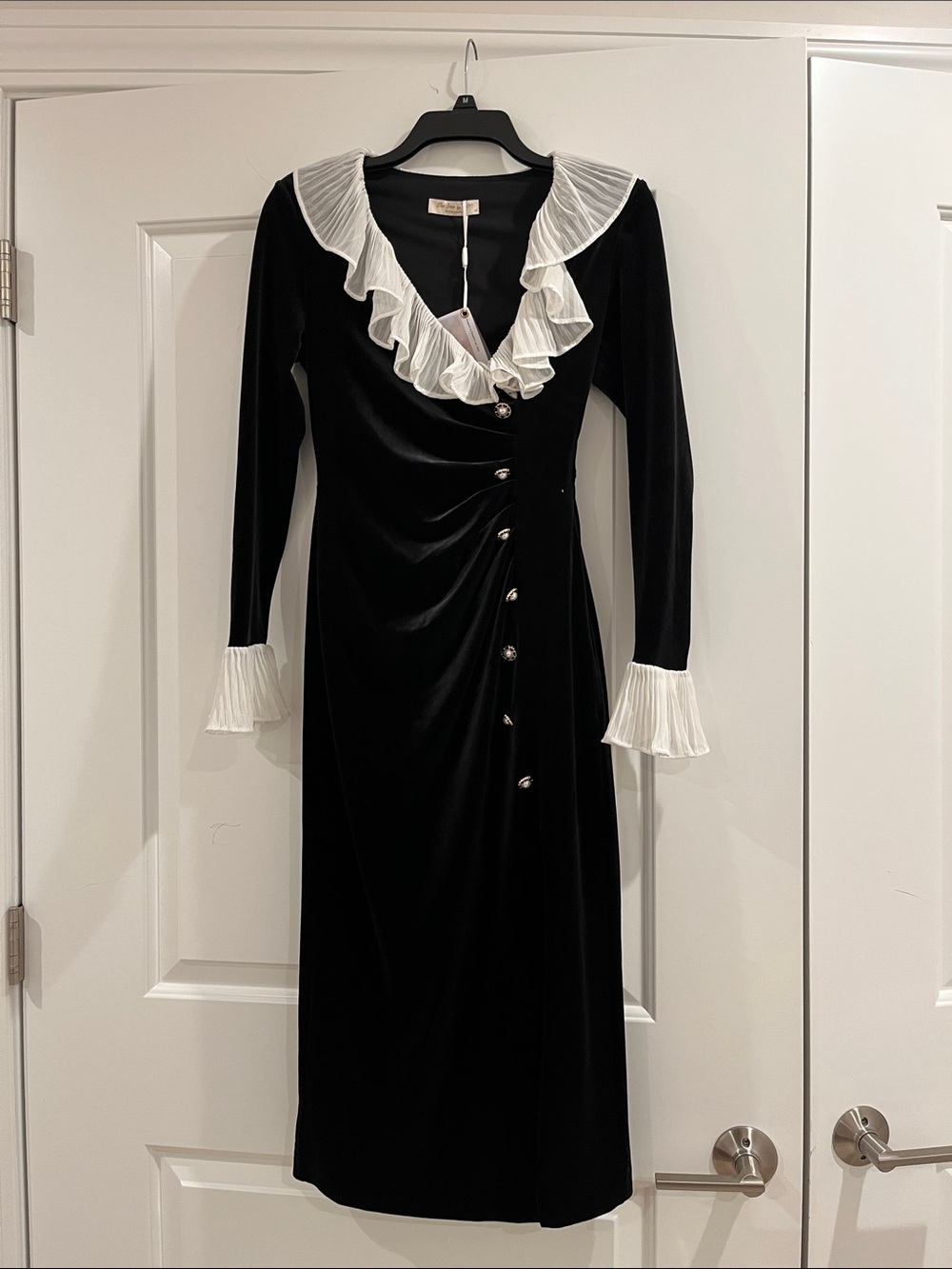 Classic Black Velvet Midi Dress with White Ruffle Trim